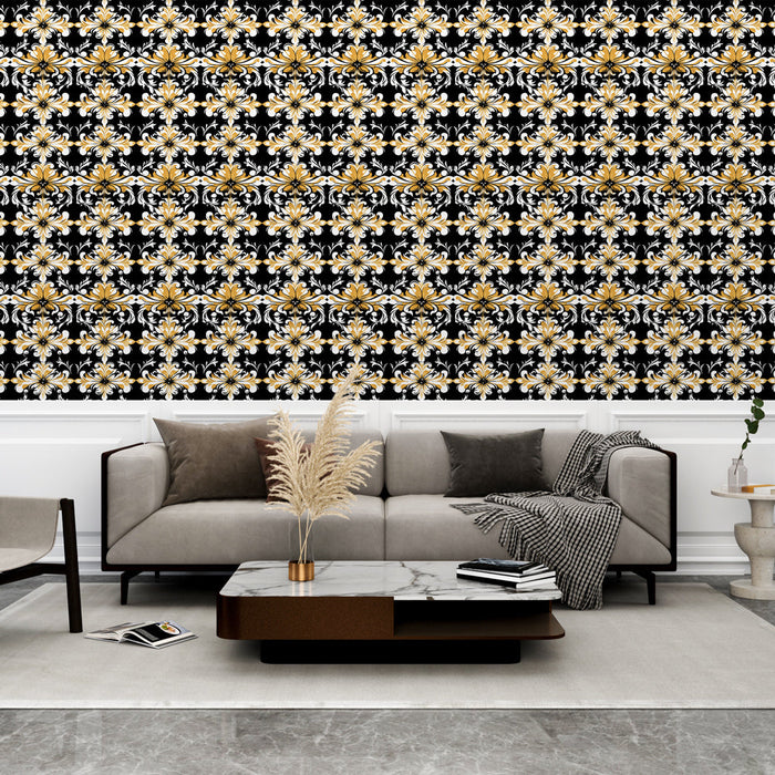Kultainen ja musta kukka-tapetti | Elegantit kukka- ja lehtikuvioinnit mustalla taustalla