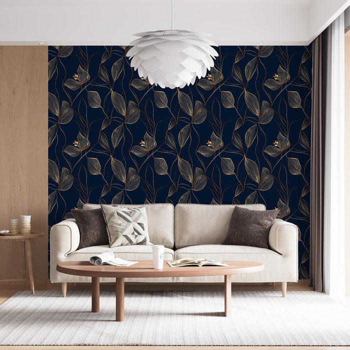 Papel de parede floral dourado | Folhas delicadas e padrões florais em fundo marinho