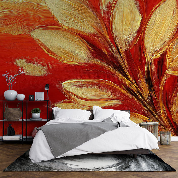 Papel pintado de mural floral dorado | Hojas elegantes sobre fondo rojo