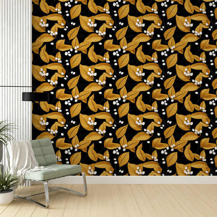 Fototapet çiçekli altın | Siyah zemin üzerinde beyaz yapraklar ve meyveler