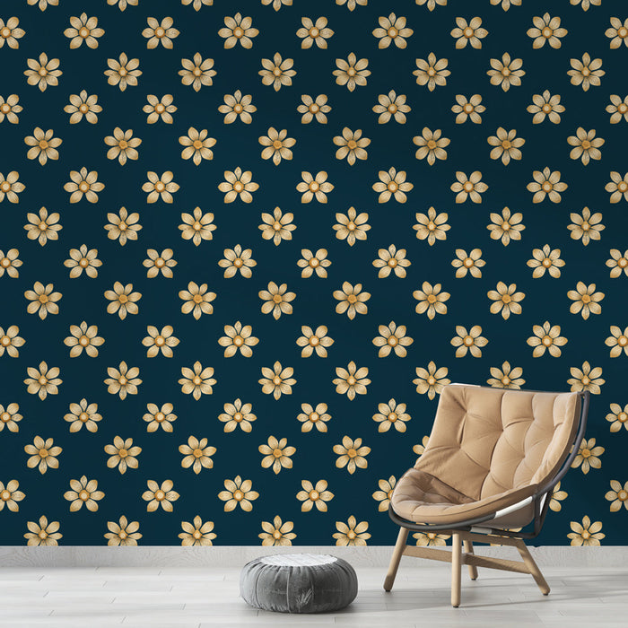 Tapeta s květinovým vzorem v zlaté barvě | Jemné zlaté květiny na tmavě modrém pozadí