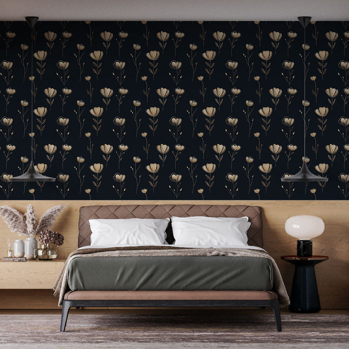 Kuldne lilleline fototapeet | Õrnad lilled mustal taustal