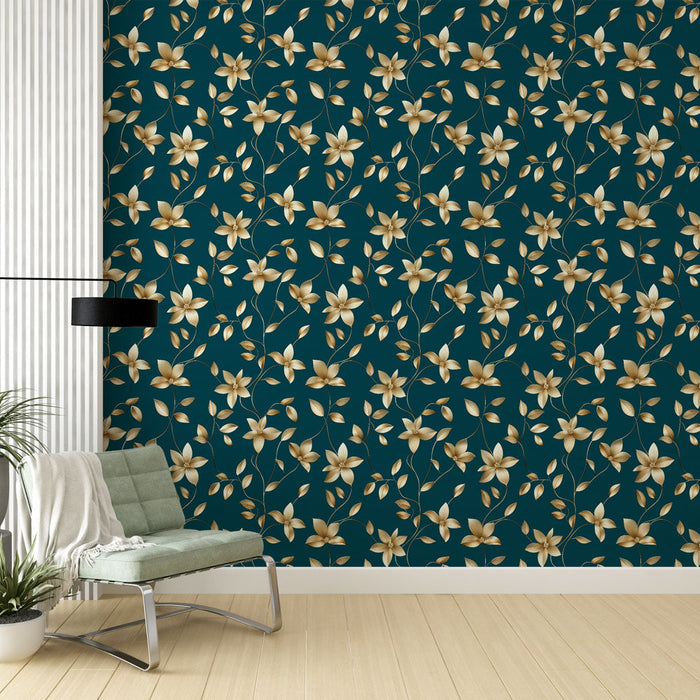 Fototapeet lilleline kuldne | Kuldseid lilli sügaval sinisel taustal