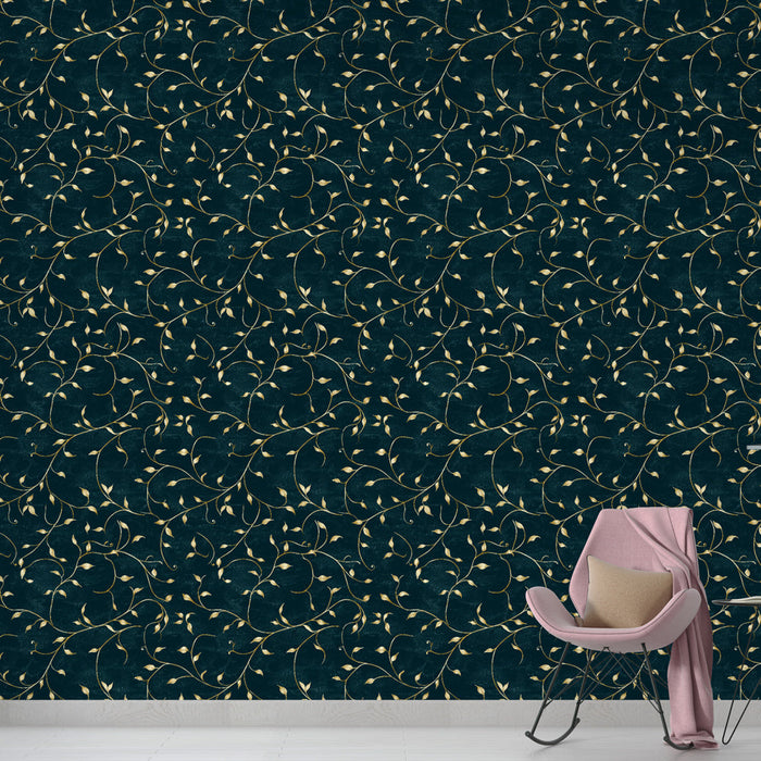 Tapeta s květinovým vzorem v zlaté barvě | Vzor větví a listů na tmavě modrém pozadí