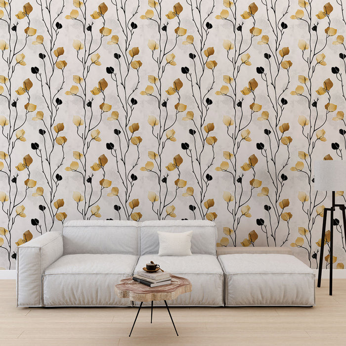 Golden Floral Mural Wallpaper | Black Branches with Golden Leaves on Light Background
