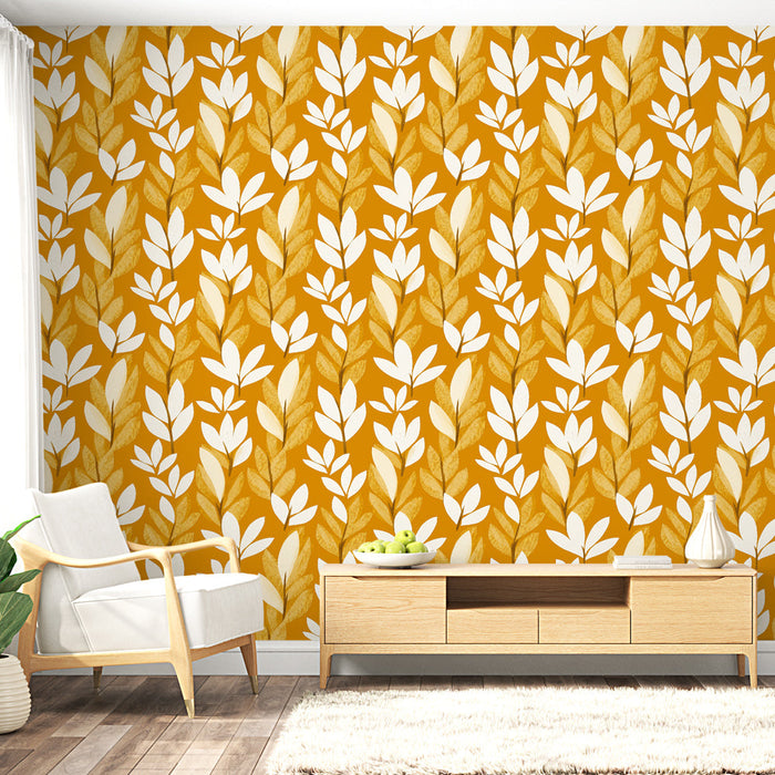 Papel de parede floral dourado | Padrão de folhas brancas em fundo dourado