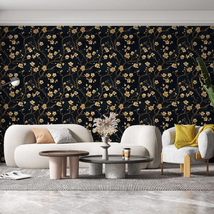Kuldne lilleline tapeet | Õrn lilleline muster mustal taustal