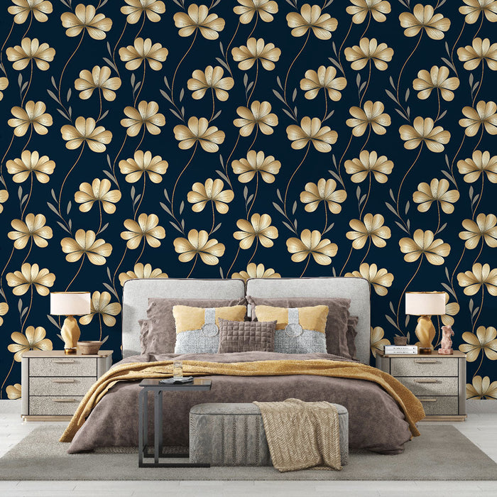 Carta da parati floreale dorata | Motivo floreale dorato su sfondo blu navy