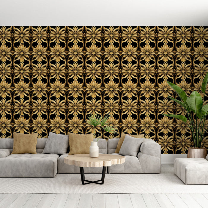 Tapeta s květinovým vzorem v zlaté barvě | Motiv zlatých květin na černém pozadí