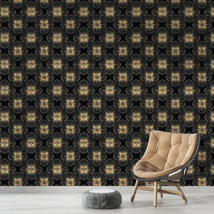 Altın çiçekli duvar kağıdı | Siyah zemin üzerinde zarif çiçek motifli