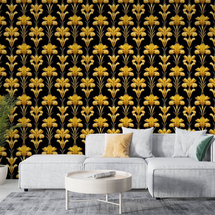 Gylden Floral Fototapet | Elegant Sort Baggrund med Gult Blomstermønster