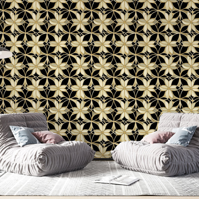 Kultainen kukkakuvioinen seinätapetti | Kukkakuvio mustalla taustalla