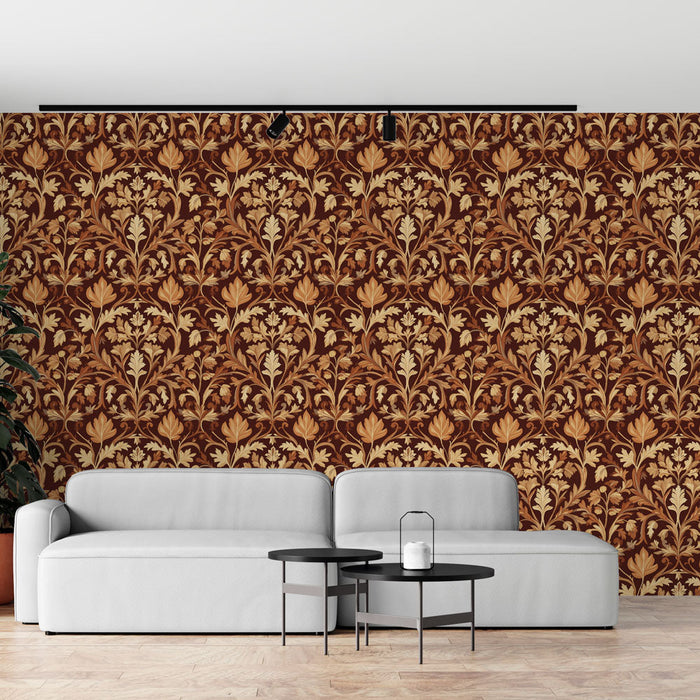 Papel de parede floral dourado | Padrão dourado e marrom com folhagens elegantes