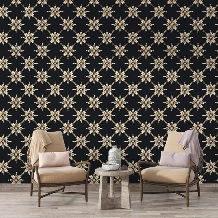 Altın Çiçekli Duvar Kağıdı | Siyah bir zemin üzerinde tekrarlanan çiçek deseni