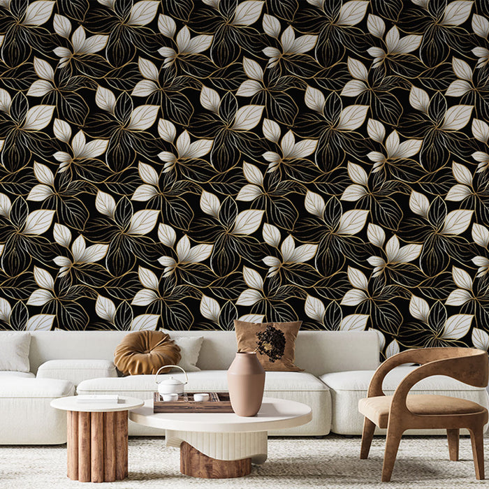 Kultainen kukka-tapetti | Valkoiset lehtikuvioinnit mustalla pohjalla