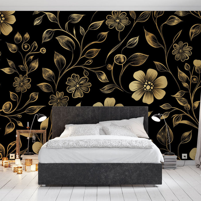 Mural Wallpaper floral doré | Motifs de fleurs et feuilles dorées sur fond noir