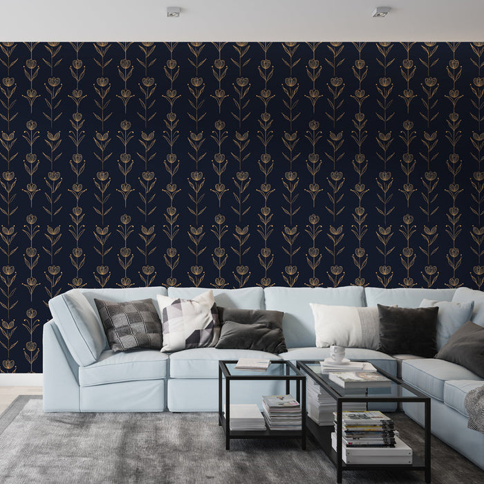 Zlatá květinová tapeta na tmavě modrém pozadí | Elegantní design stylizovaných květin