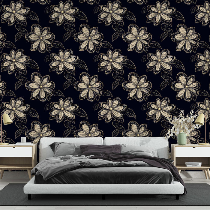 Kultainen kukkakuviotapetti mustalla taustalla | Elegantti ja nykyaikainen kukka-aiheinen koristelu