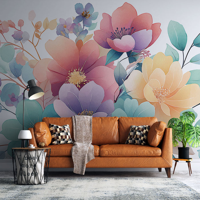 Tapeta s květinovým motivem | Kytice pastelových květů s odstíny modré, růžové a žluté