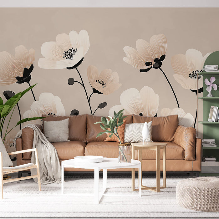 Fototapet nežen cvetlični vzorec | Nežni cvetovi v bež in črni barvi