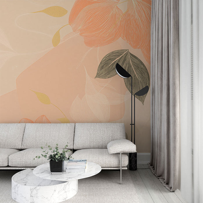 Mehka cvetlična tapeta | Cvetje in listi v toplih odtenkih