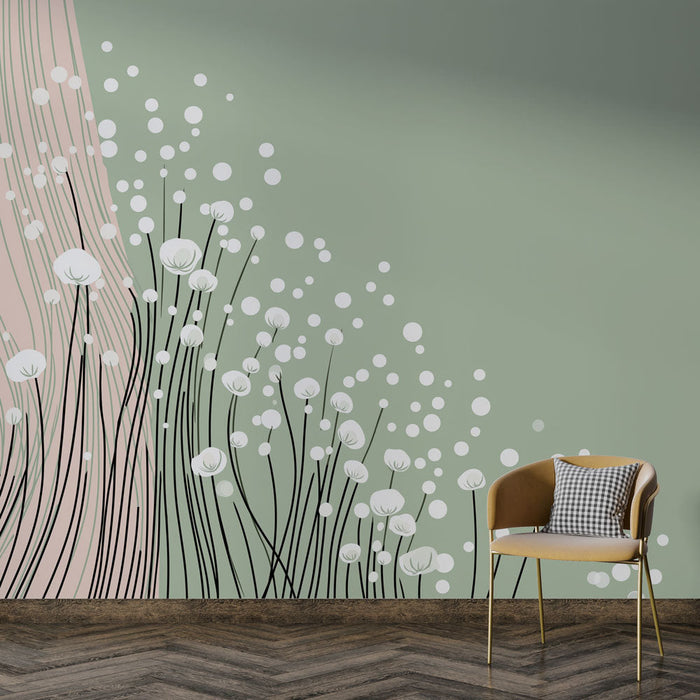 Soft floral mural wallpaper | Pattern of white flowers on a soothing green background