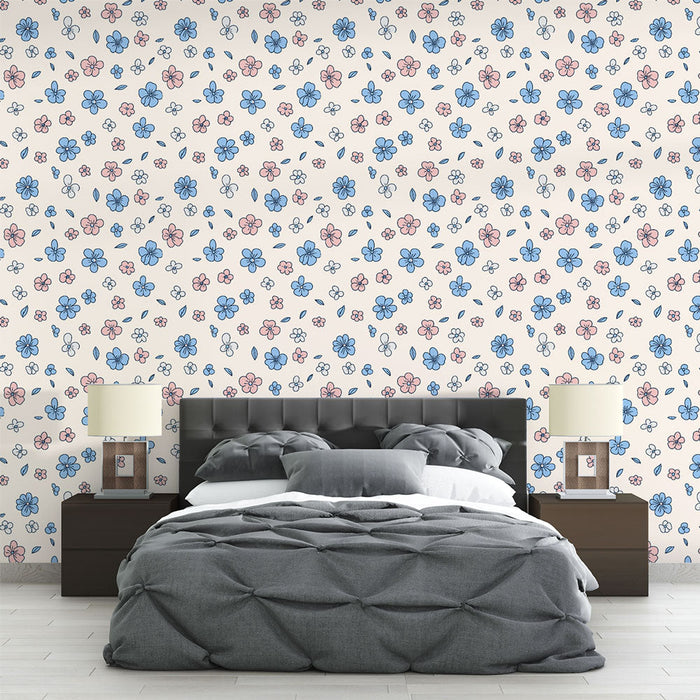 Fototapet blød blomstermønster | Blå og lyserøde blomster på lys baggrund