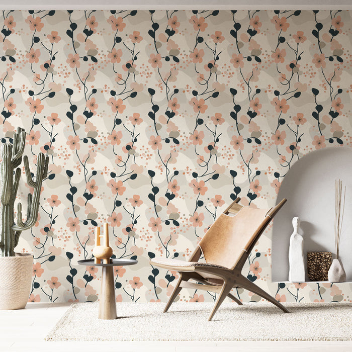 Tapete floral suave | Delicado patrón de flores rosas sobre fondo crema