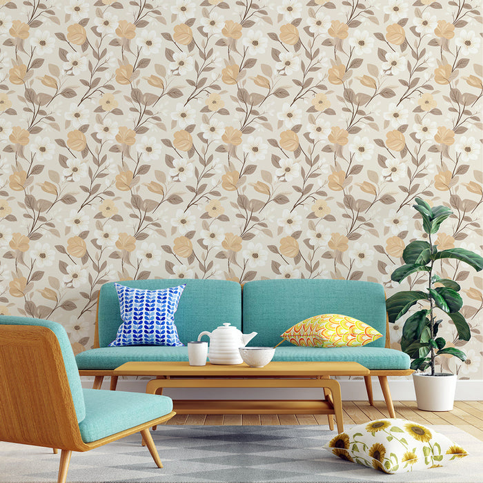 Tapetti kukkakuviolla | Valkoisten ja keltaisten kukkien kuviot beigeä taustaa vasten