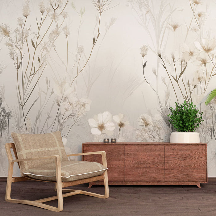 Tapet floral dulce | Un câmp de flori albe și bej pe un fundal delicat