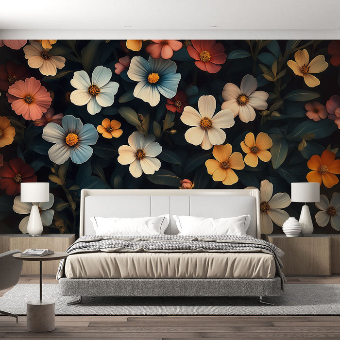 Papel pintado floral | Estallido de colores sobre fondo oscuro