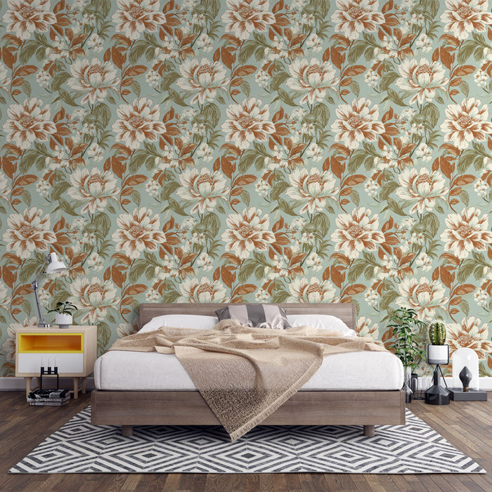 Floral Mural Wallpaper | Białe wybuchy kwiatów i brązowe akcenty na niebieskim tle