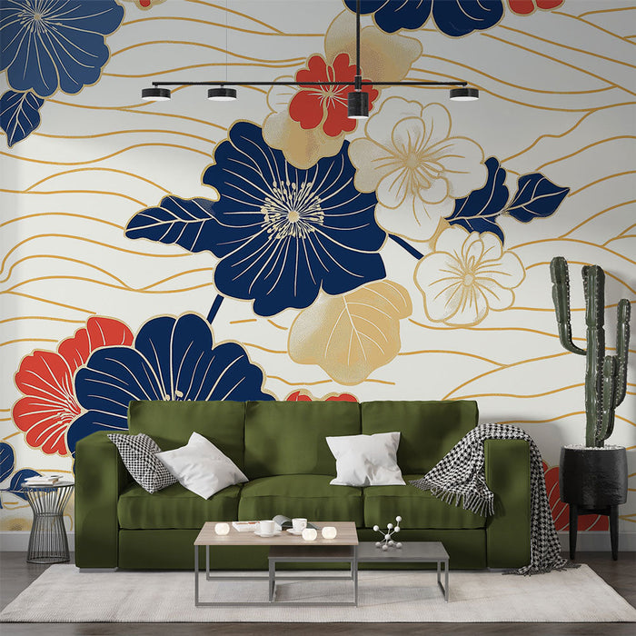 Nástěnná tapeta květinová | Výbuch červených, modrých a zlatých květů na světlém pozadí