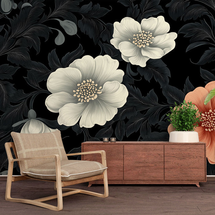 Ταπετσαρία | Έκρηξη Λουλουδιών σε Μαύρο Φόντο