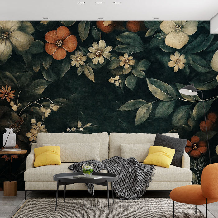 Mural Wallpaper floral | Burst of flowers on a dark background