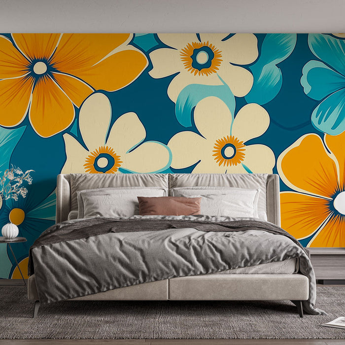Tapeta w żywych kolorach | Kolorowy wzór z dużymi żółtymi i niebieskimi kwiatami