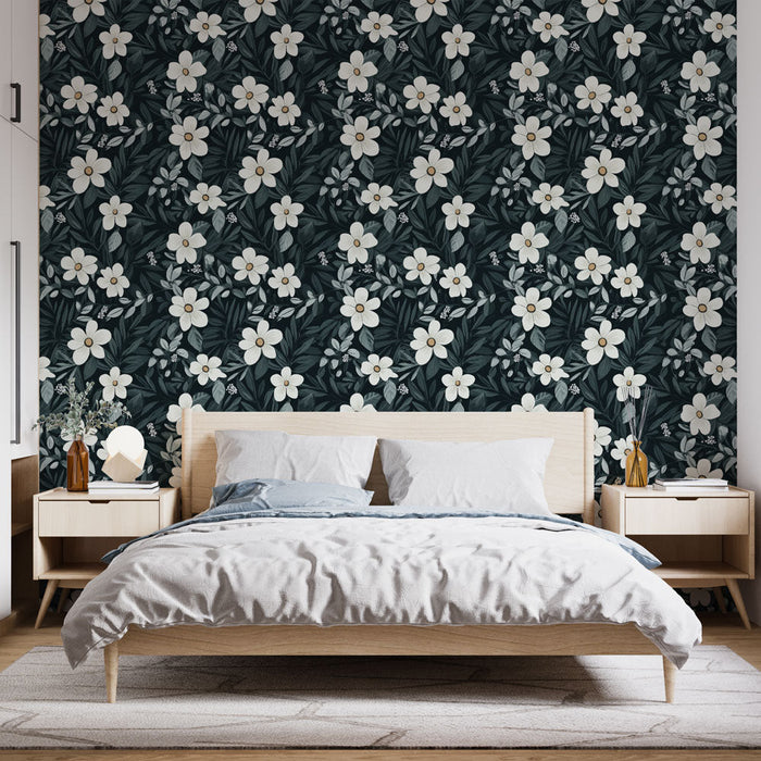 Tapeta floralna ekologiczna | Motyw białych kwiatów na ciemnym tle