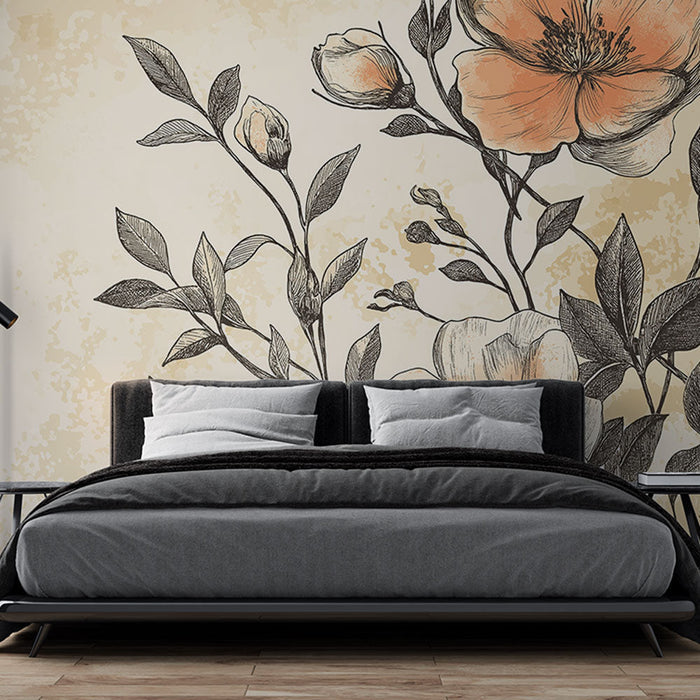 Tapet floral | Elegance of vintage flowers on beige background