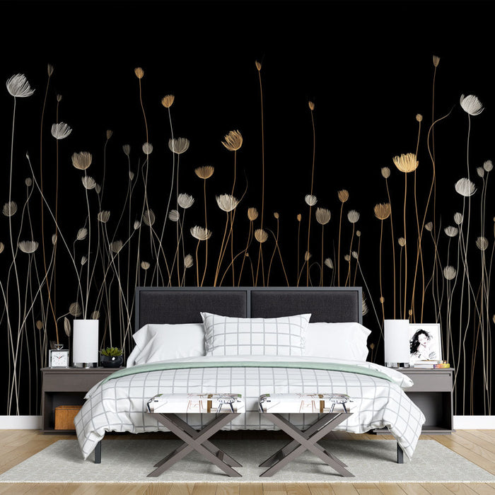 Fototapet blomstereleganse | Delikate blomstermønstre på en svart bakgrunn