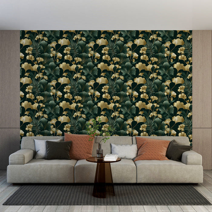 Papel de parede mural elegante com flores verdes e douradas em um fundo escuro