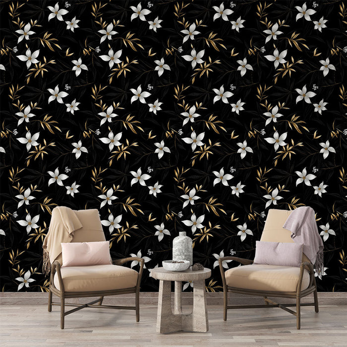 Κομψό Ταπετσαρία τοιχων με λουλούδια | Λευκά λουλούδια και χρυσά φύλλα σε μαύρο φόντο