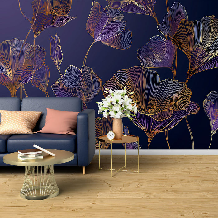 Κομψό Ταπετσαρία τοιχογραφίας με λουλούδια | Λεπτά λουλούδια με χρυσές γραμμές σε μεσάνυχτα μπλε φόντο