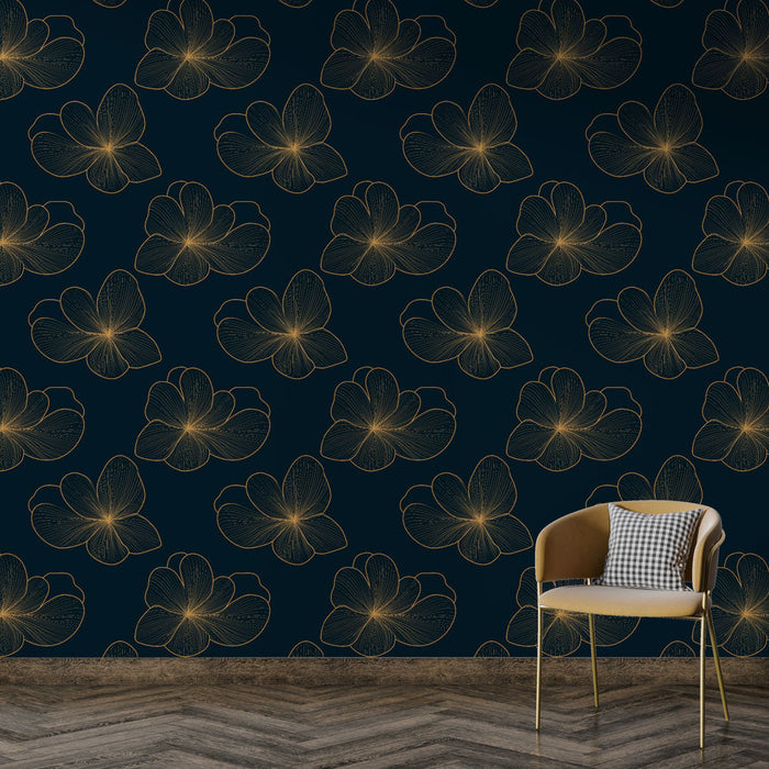 Κομψό τοιχοταινία με λουλούδια | Αραιά χρυσά λουλούδια σε μια μεσάνυχτα μπλε φόντο