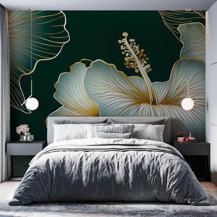 Elegant Mural Wallpaper | Stylized flowers in gold on deep green background