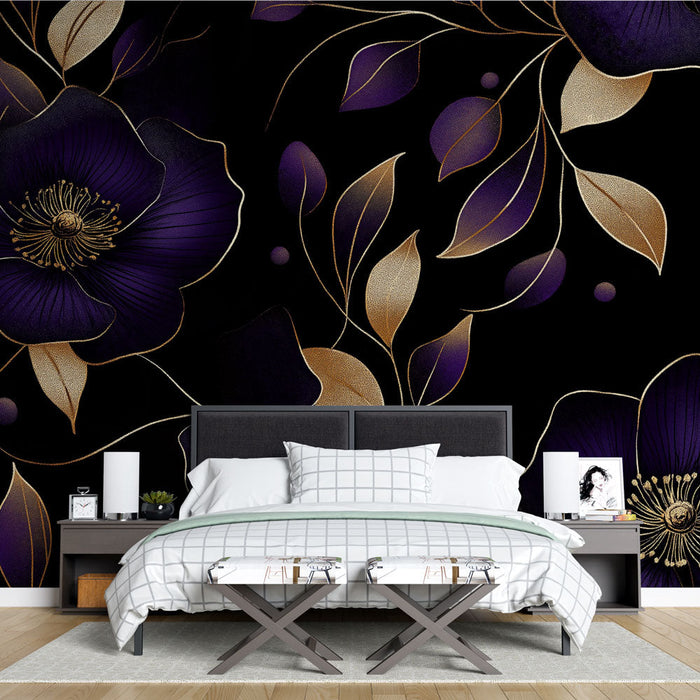 Elegant Mural Wallpaper | Purple flowers and golden leaves on a black background