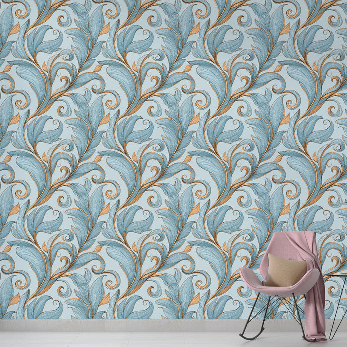 Elegancka tapeta z kwiatowym wzorem | Niebieski niebem i złotymi liśćmi z delikatnymi spiralkami