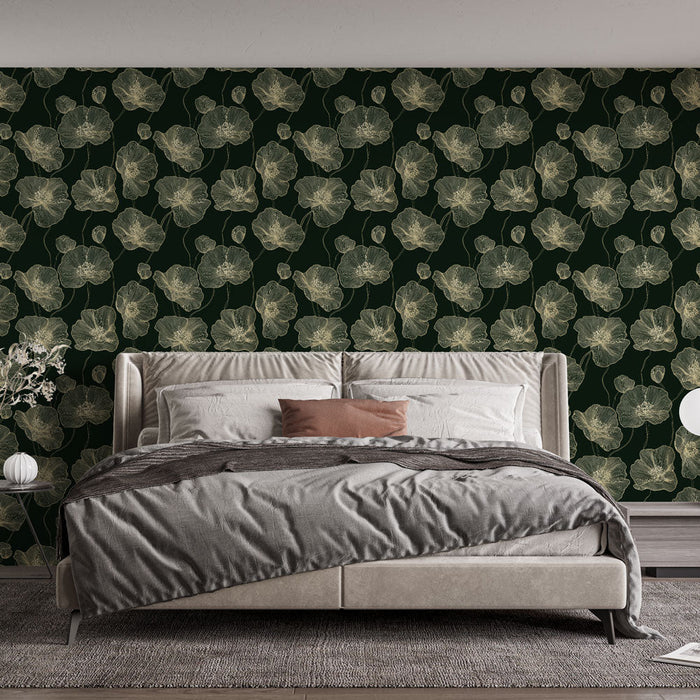 Elegant floral wallpaper | Delicate flower pattern on deep green background