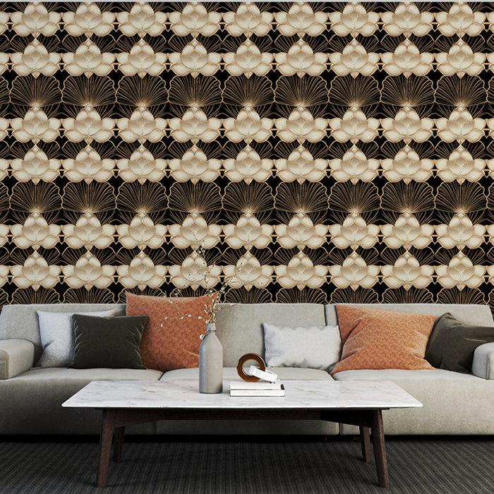 Elegante Carta da parati murale | Motivo floreale dorato su sfondo nero