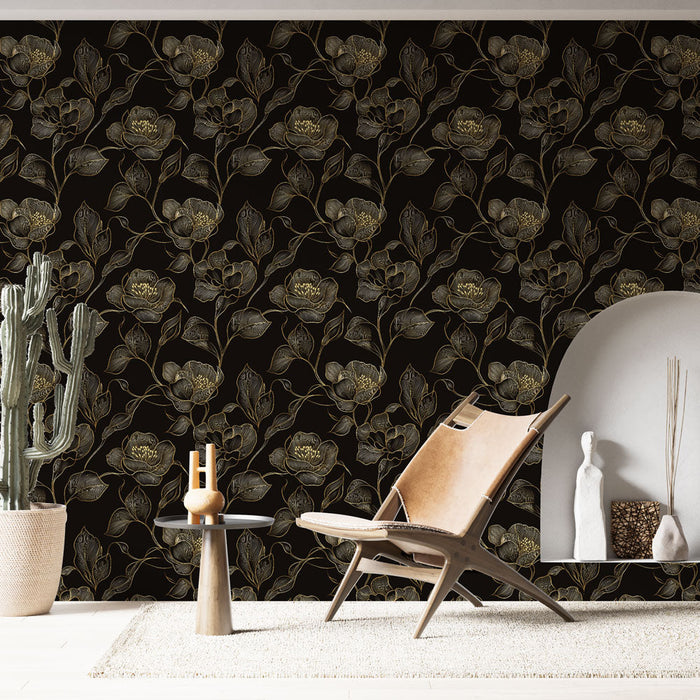 Elegáns virágos Tapete | Arany virág minta fekete háttéren