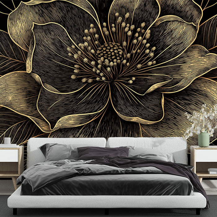 Papel pintado floral | Patrón elegante de flores doradas sobre un fondo negro